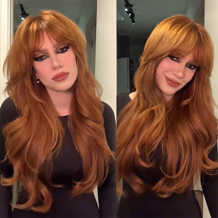 Ginger Red Layered Body Wave Wig with Bangs Copper Orange Human Hair Wigs Pre-cut Layered Haircut with Fringe Glueless Lace Hair - Rafarada
