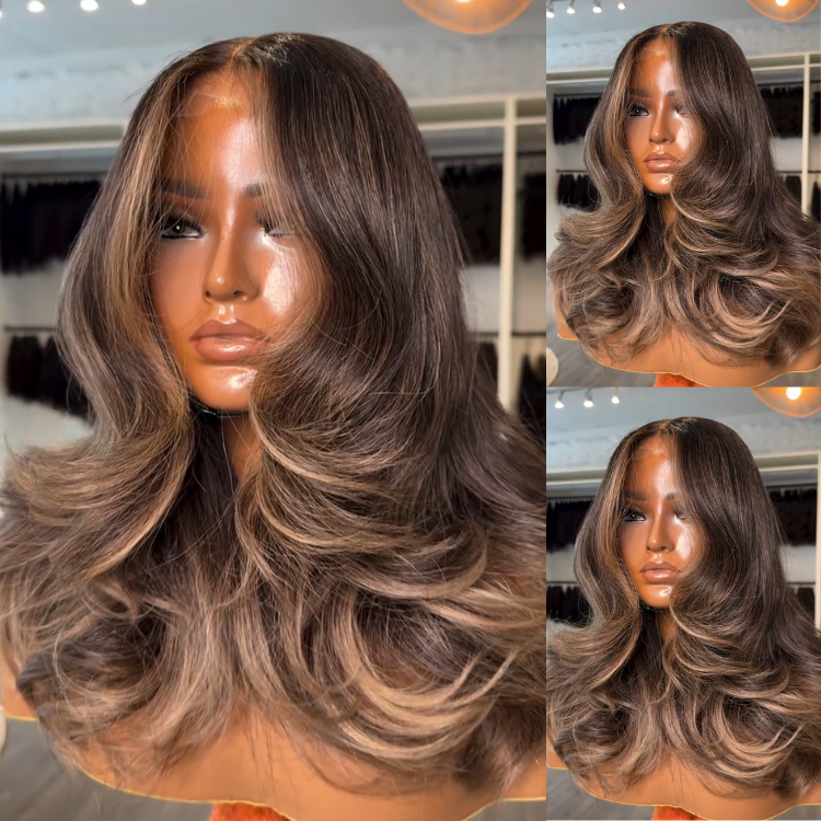 Glueless Highlight Chestnut Brown and Caramel Face Framing Layers Wig HD Transparent Lace Human Hair Wig- Rafarada