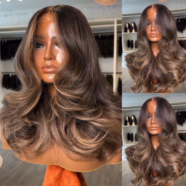 Glueless Highlight Chestnut Brown and Caramel Face Framing Layers Wig HD Transparent Lace Human Hair Wig- Rafarada