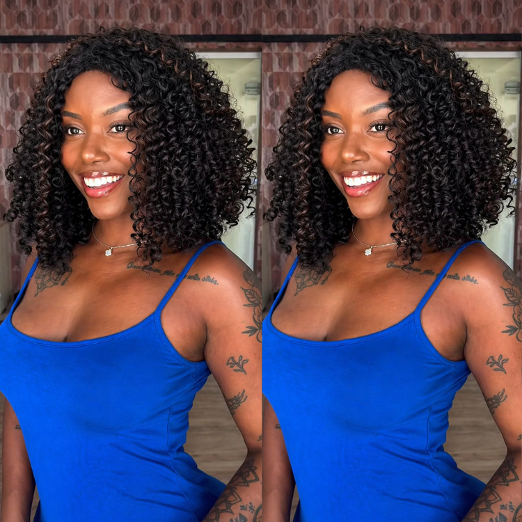 Glueless Jerry Curly Human Hair Glueless Wigs 6*4 Black Wig With Brown Highlight Natural Lace Front Wigs - Rafarada