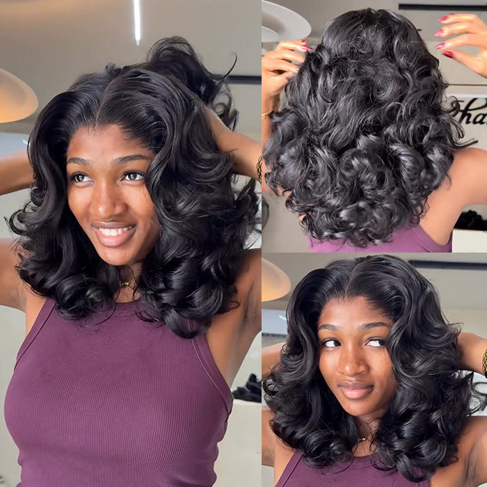 Natural Black Layered Bouncy Curly Bob Wig Middle Part Big Volume Wave Wig- Rafarada