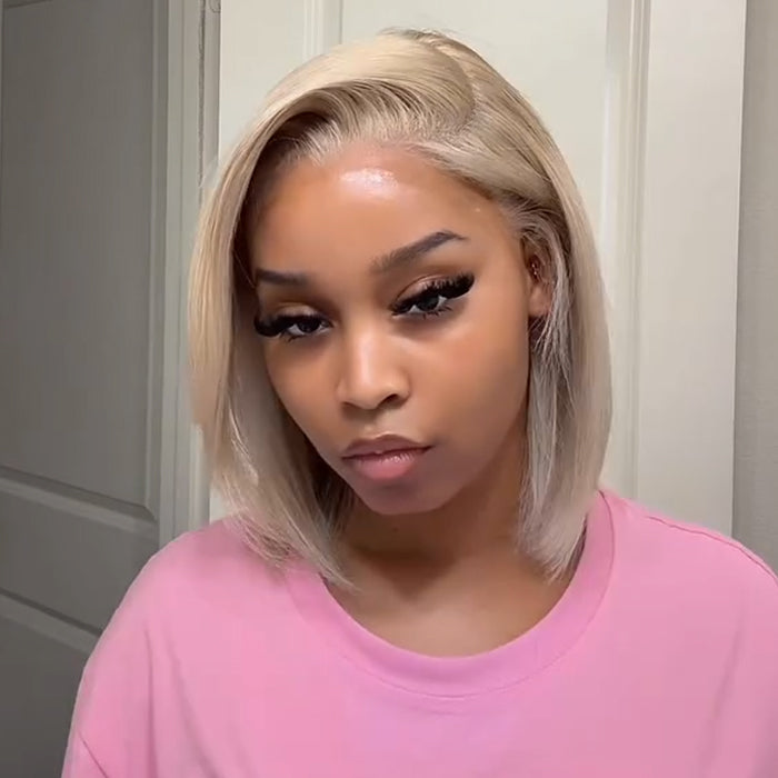 Glueless Platinum Blonde Straight Bob Wig Pre-Plucked HD Lace Front Hair Side Part Short Lace Front Wig- Rafarada