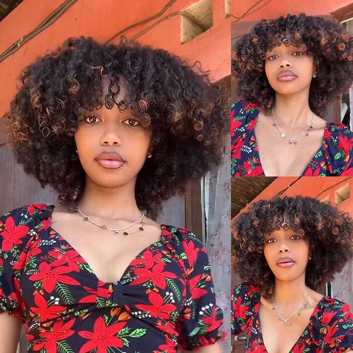 Short Afro Curly Bob Wig With Bangs Natural Black Brown Highlighted Wig Glueless Human Hair Wig- Rafarada
