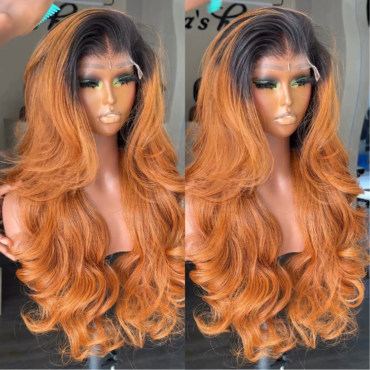 Glueless Body Wave Lace Front Wig Dark Roots Ombre Caramel Honey Blonde Human Hair Wig- Rafarada
