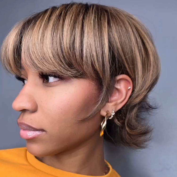 Golden Blonde Bixie Cut Human Hair Wig with Wispy Bangs | Dimensional Highlights | Glueless Full Skin Cap - Rafarada