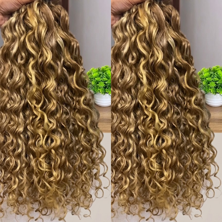 Dimensional Golden Brown Highlight Kinky Curly Human Hair Weave P4/30 Honey Blonde Ombre Deep Wave Brazilian Hair Extensions for Women - Rafarada