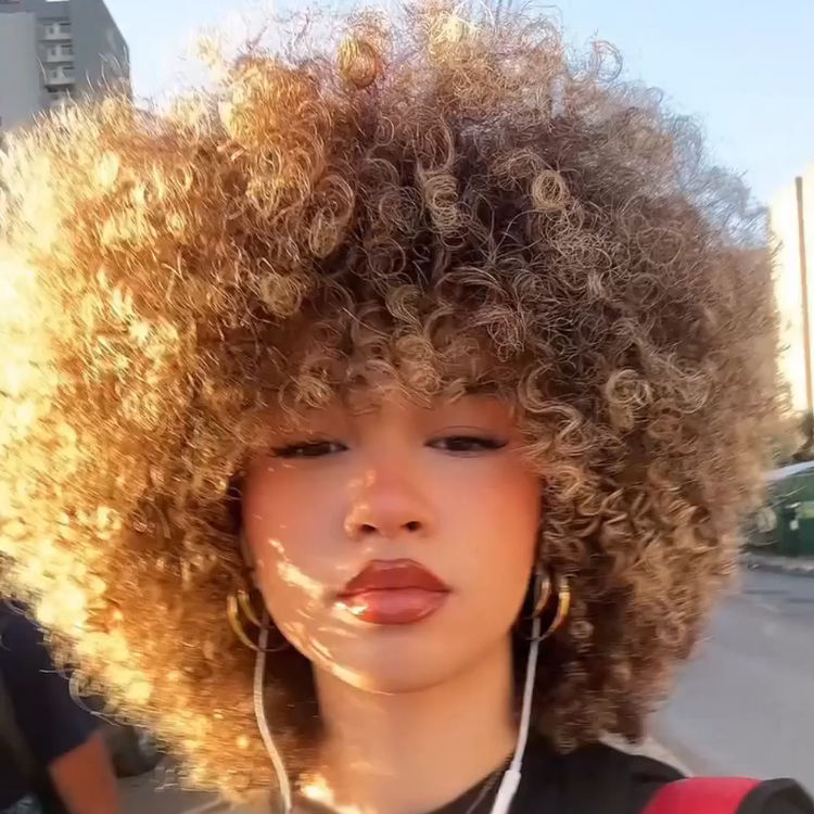 Radiant Caramel-Blonde Afro Puff Wig with Bangs - Voluminous Tight Springy Coils Short Bob Human Hair- Rafarada