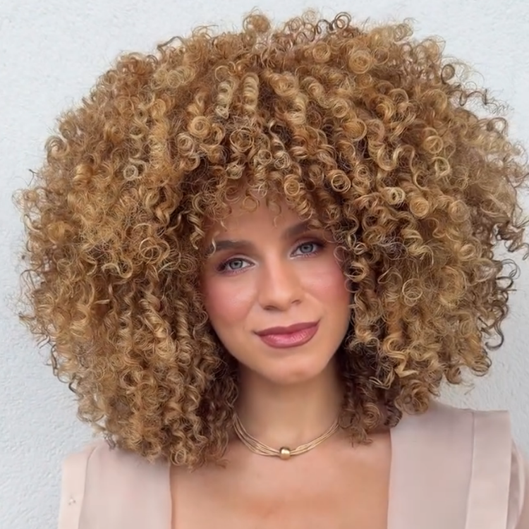Golden Brown & Honey Blonde Highlight Afro Kinky Curly Wig with Bangs - Volumizing Tight Coil Short Bob Human Hair Wig for Women- Rafarada