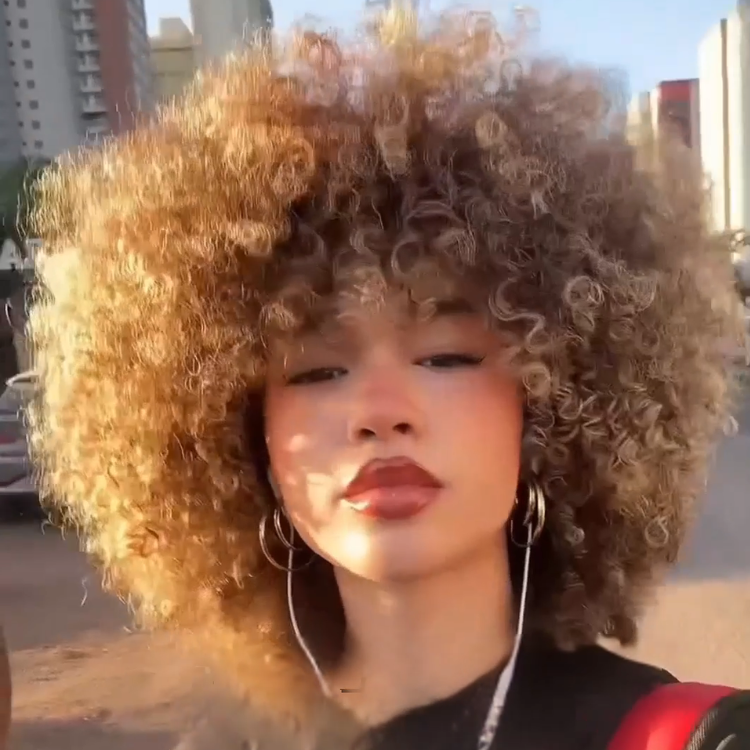 Radiant Caramel-Blonde Afro Puff Wig with Bangs - Voluminous Tight Springy Coils Short Bob Human Hair- Rafarada