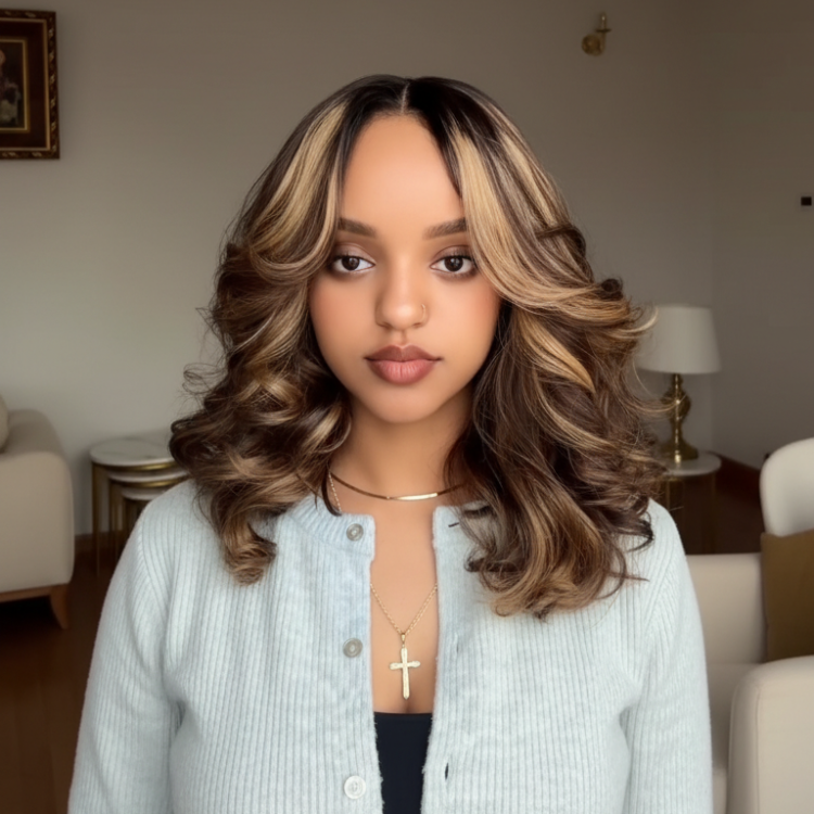 Honey Blonde Highlight Body Wave Human Hair Wig Money Piece Highlight Color Voluminous Curls Lace Frontal Dark Brown Balayage Wig - Rafarada