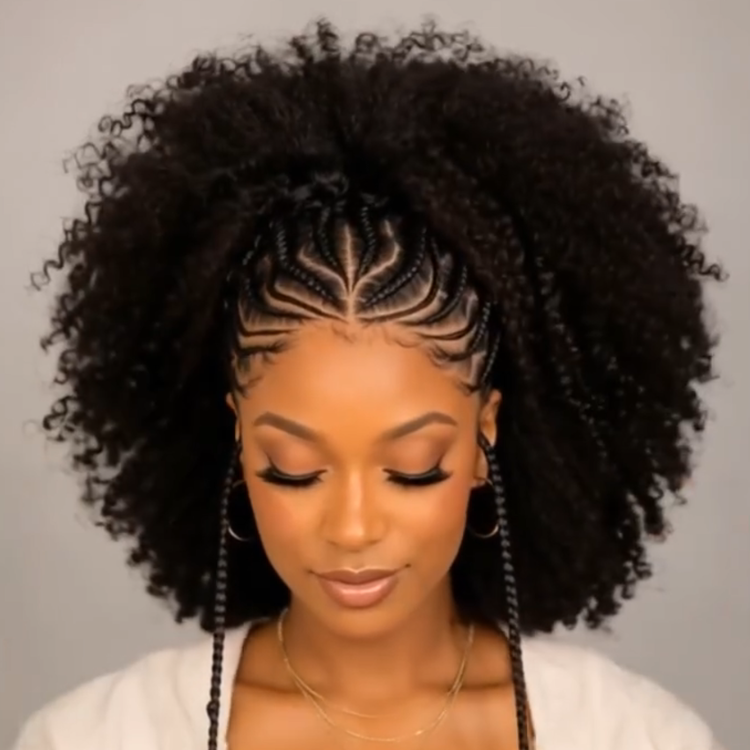 Braided Cornrow to Afro Kinky Coily Half-Up Half-Down Wig with Caramel Highlights - Rafarada