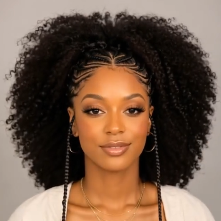 Braided Cornrow to Afro Kinky Coily Half-Up Half-Down Wig with Caramel Highlights - Rafarada