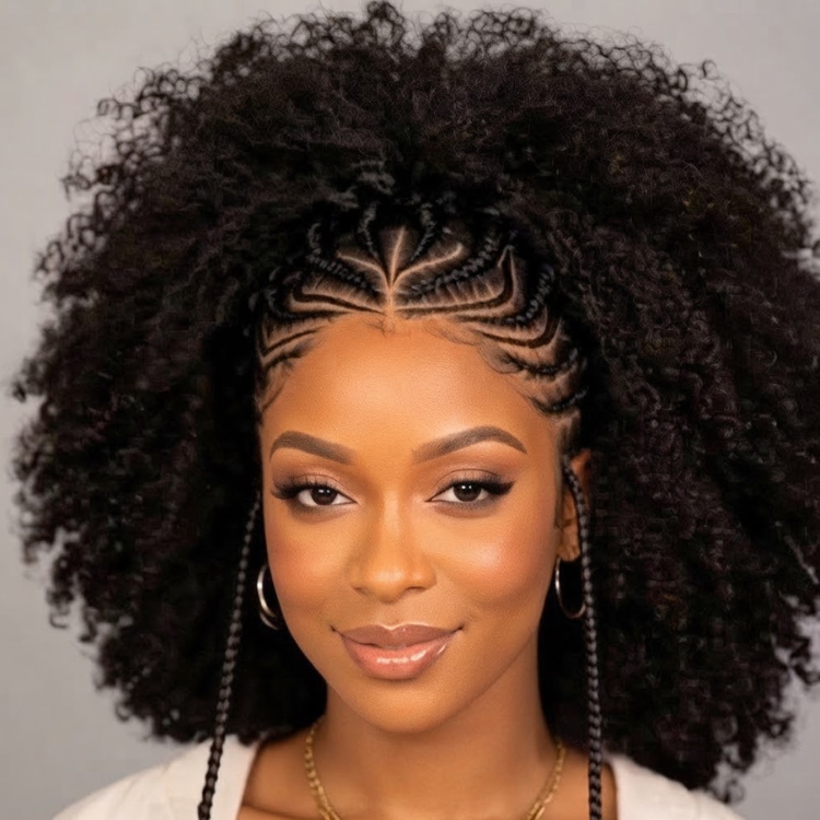 Braided Cornrow to Afro Kinky Coily Half-Up Half-Down Wig with Caramel Highlights - Rafarada