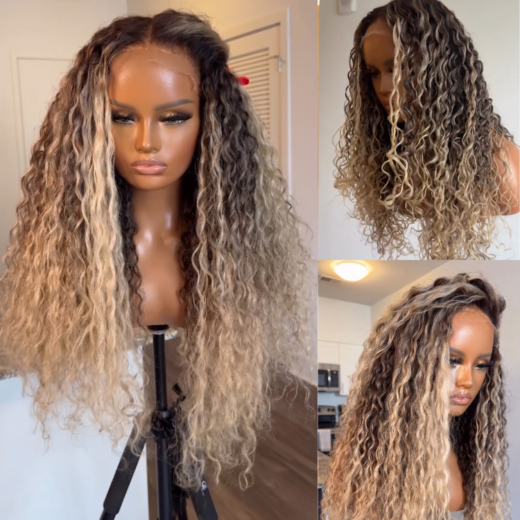 Ash Blonde Piano Highlight Deep Wave Wig ¨C Defined Bouncy Curly Texture Glueless Lace Frontal 100% Remy Human Hair- Rafarada