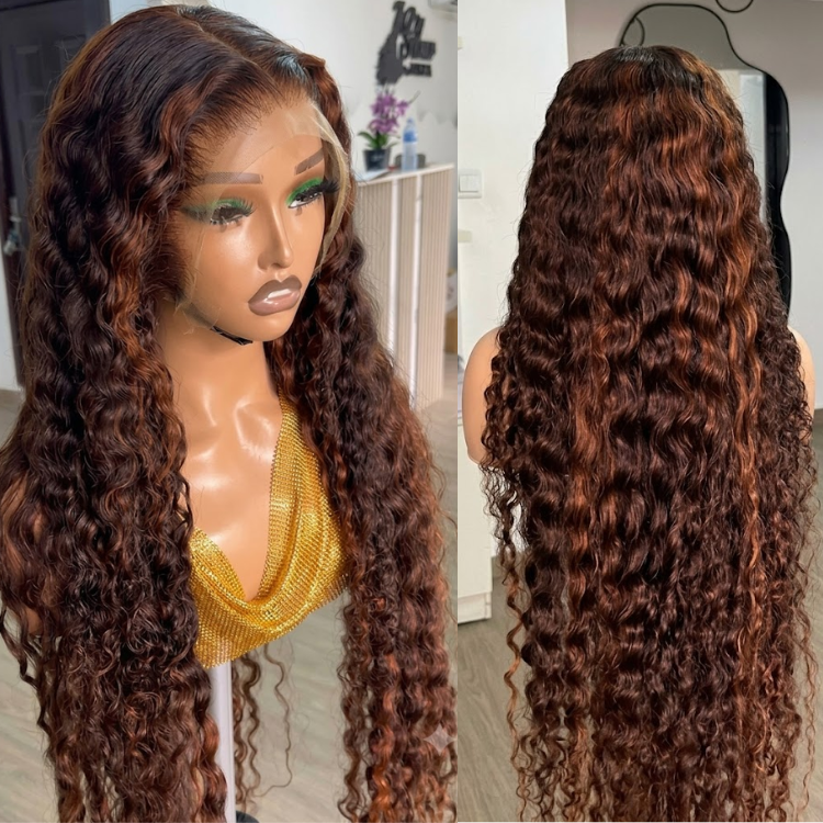 Highlight Chestnut Brown Deep Curly Glueless Human Hair Wig, HD Lace Front Ombre Brown Voluminous Water Wave Wig, Melted Hairline Long Defined Curls Wig- Rafarada