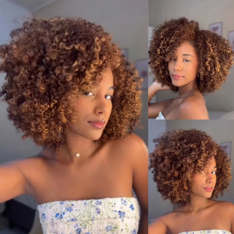 Dark Brown with Golden Highlights Coily Curly Short Bob Lace Front Human Hair Wig Glueless for Black Women- Rafarada