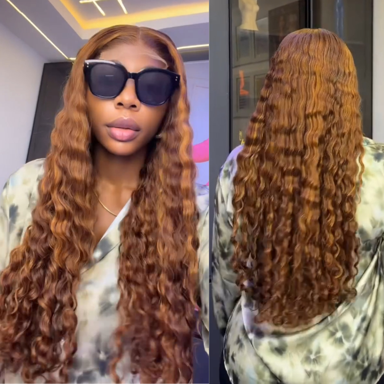 Honey Amber Brown Deep Curly Lace Front Human Hair Wigs Pre Plucked Highlight Copper Brown Long Water Wave Wig for Women - Rafarada
