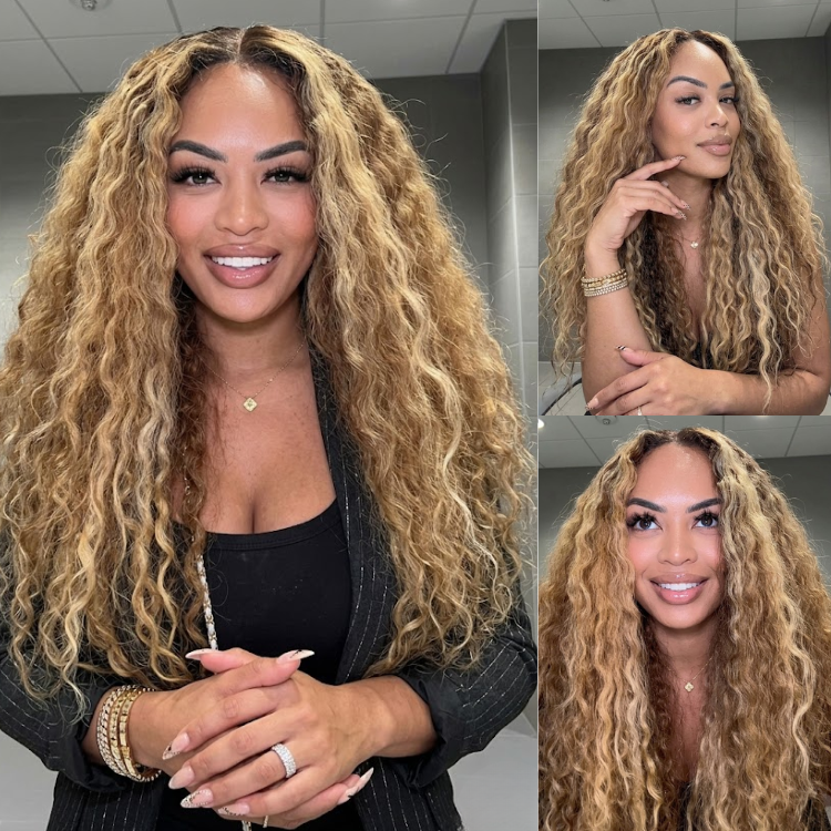 Honey Blonde Highlight P4/27 Piano Color Water Wave Lace Front Wig - Pre-Plucked Long Ombre Brown Deep Curly Human Hair - Rafarada