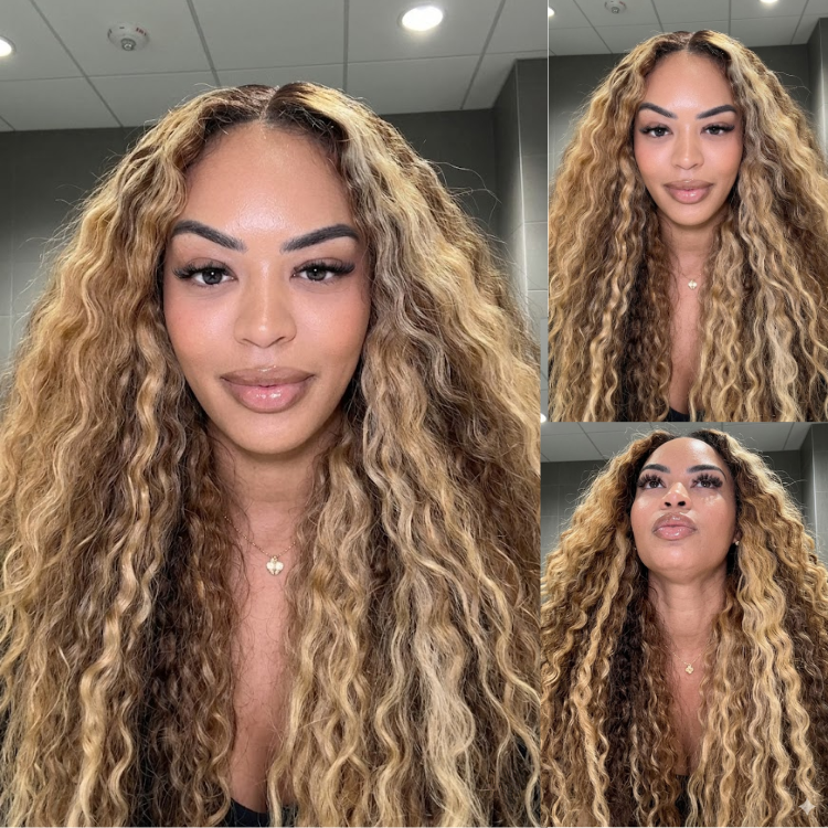 Honey Blonde Highlight P4/27 Piano Color Water Wave Lace Front Wig - Pre-Plucked Long Ombre Brown Deep Curly Human Hair - Rafarada