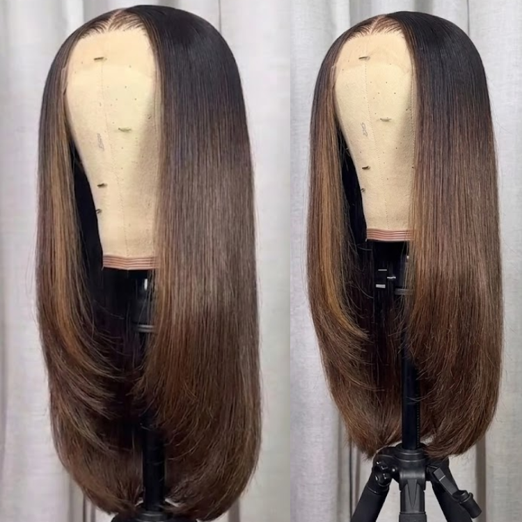 Glueless Highlight Dark Brown C-Curl Straight Human Hair Wig Layered Cut Face Framing Wear and Go Ready to Wear- Rafarada