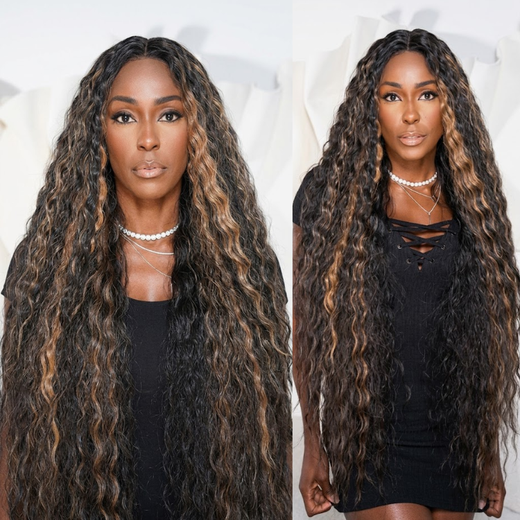 Dark Brown Deep Wave Wig with Caramel Highlights ¨C Human Hair Lace Front Wig- Rafarada