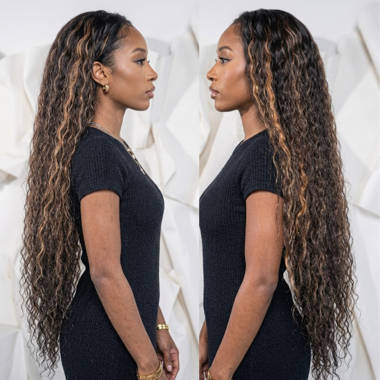 Dark Brown Deep Wave Wig with Caramel Highlights ¨C Human Hair Lace Front Wig- Rafarada