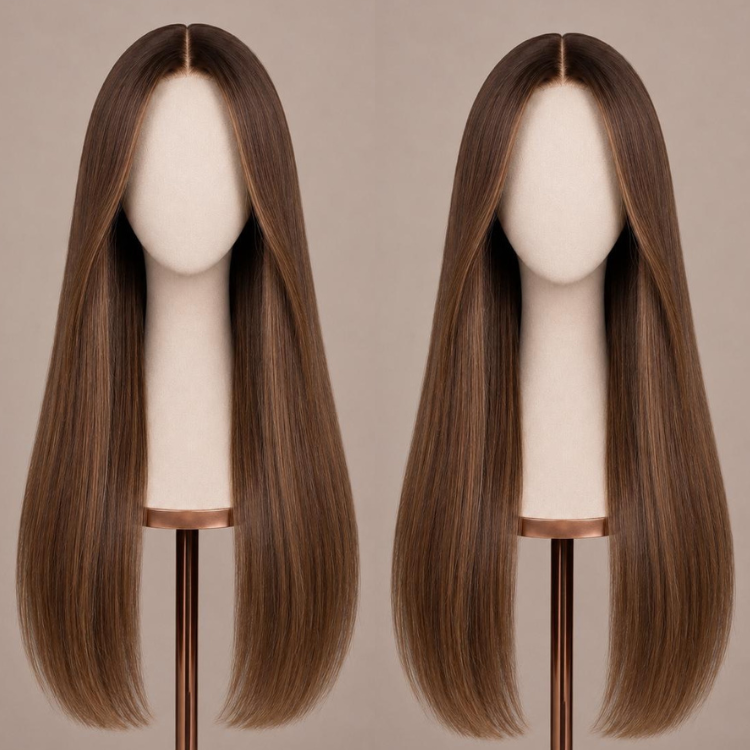 Silky Straight Glueless Lace Front Human Hair Wigs Highlight Ombre Chocolate Brown HD Lace Wigs Pre Plucked for Women- Rafarada