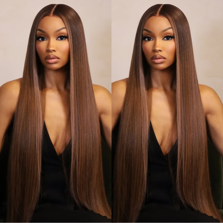 Silky Straight Glueless Lace Front Human Hair Wigs Highlight Ombre Chocolate Brown HD Lace Wigs Pre Plucked for Women- Rafarada