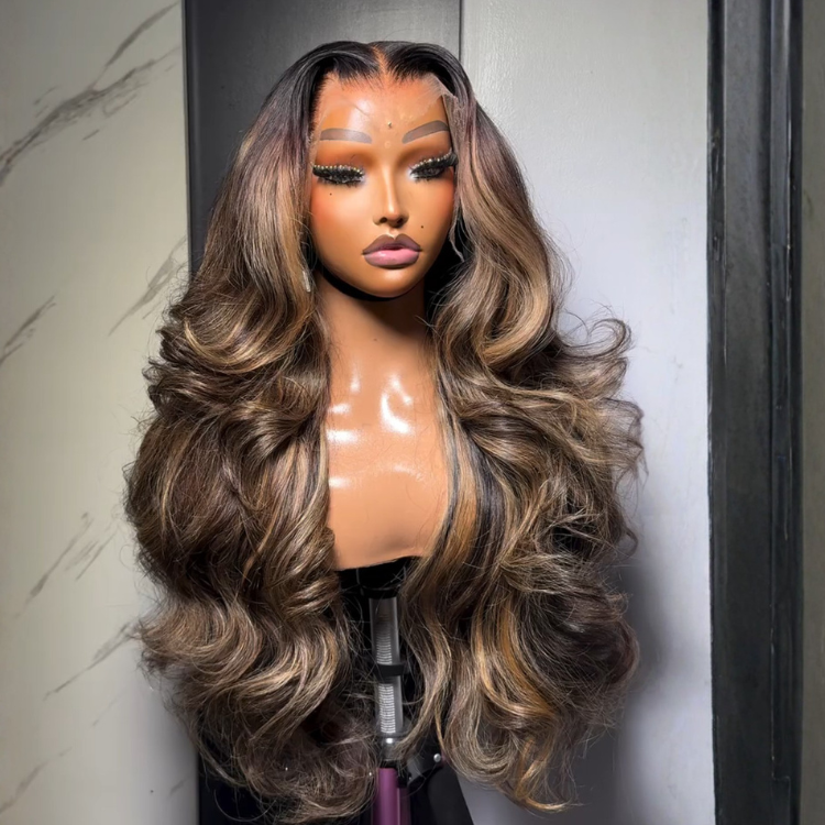 Caramel Highlights Body Wave HD Lace Wig Pre-Plucked Glueless Brown with Blonde Mix Human Hair Loose Curls Salon Style - Rafarada