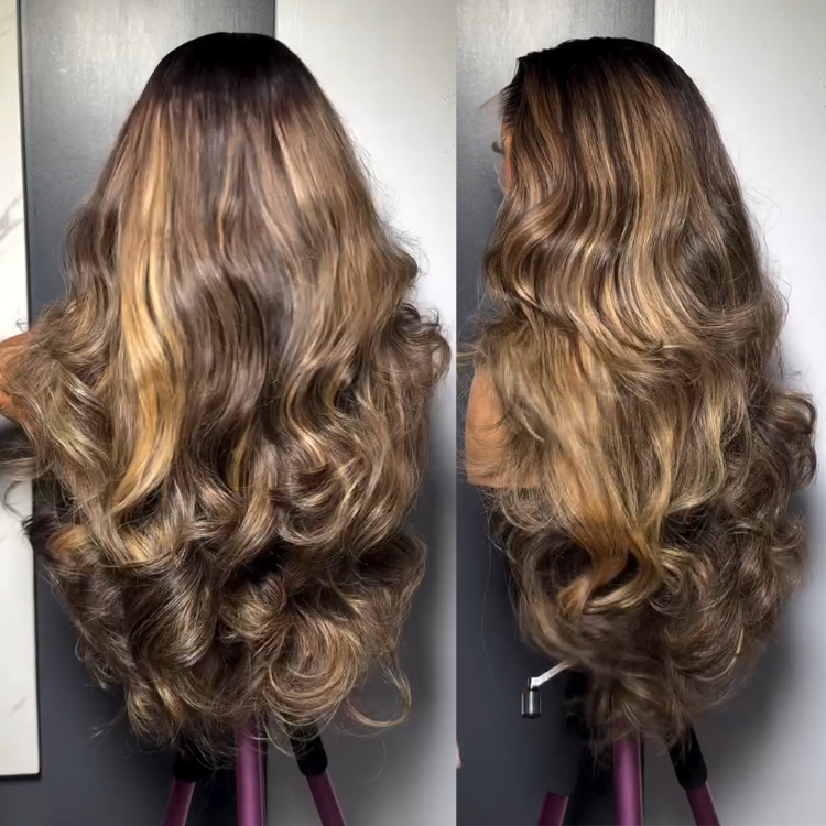 Caramel Highlights Body Wave HD Lace Wig Pre-Plucked Glueless Brown with Blonde Mix Human Hair Loose Curls Salon Style - Rafarada