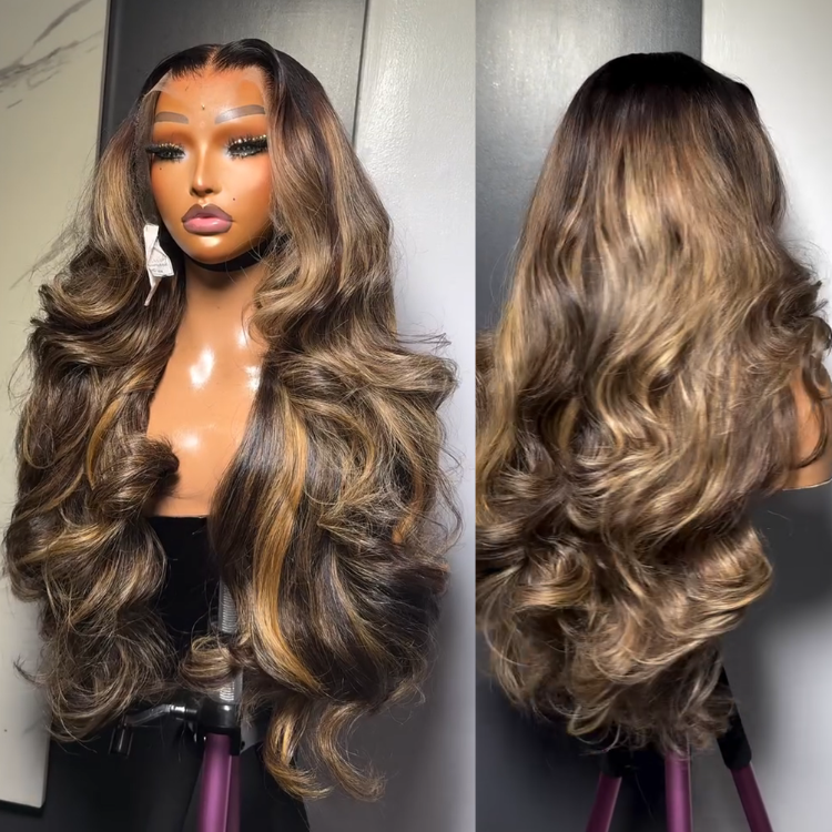 Caramel Highlights Body Wave HD Lace Wig Pre-Plucked Glueless Brown with Blonde Mix Human Hair Loose Curls Salon Style - Rafarada