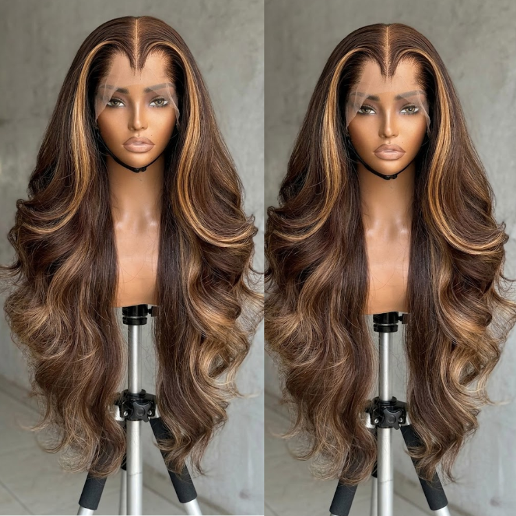 Glueless Highlighted Brown and Honey Blonde Body Wave Human Hair Wig with Money Piece Layered Bouncy Curls Wig- Rafarada