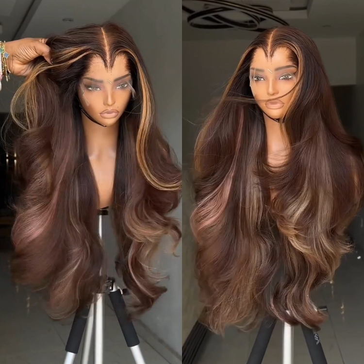Glueless Highlighted Brown and Honey Blonde Body Wave Human Hair Wig with Money Piece Layered Bouncy Curls Wig- Rafarada