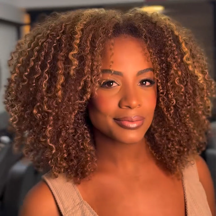 #4/27 Mixed Honey Blonde Highlights Jerry Curly Human Hair Wigs Lace Front Wig High Density Bouncy Kinky Curly Wig - Rafarada
