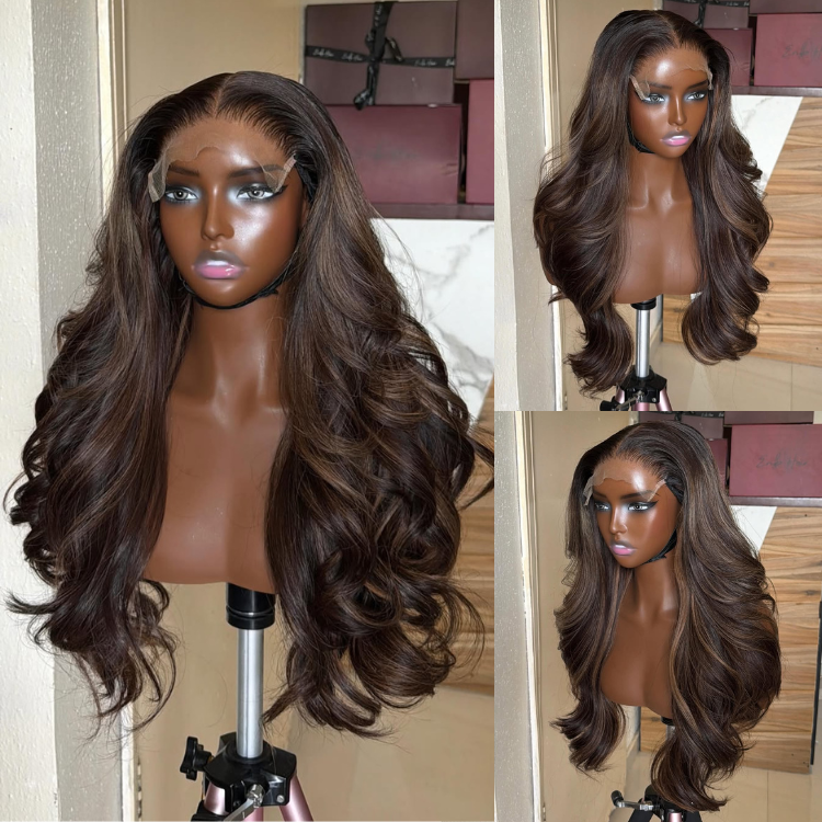 Glossy Mixed Brown Body Wave Lace Front Wig - Luxury Dark Brown Glueless Human Hair Wig with Highlights- Rafarada
