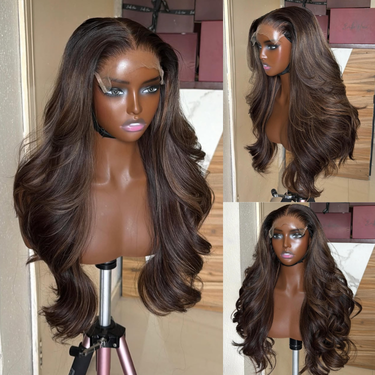 Glossy Mixed Brown Body Wave Lace Front Wig - Luxury Dark Brown Glueless Human Hair Wig with Highlights- Rafarada