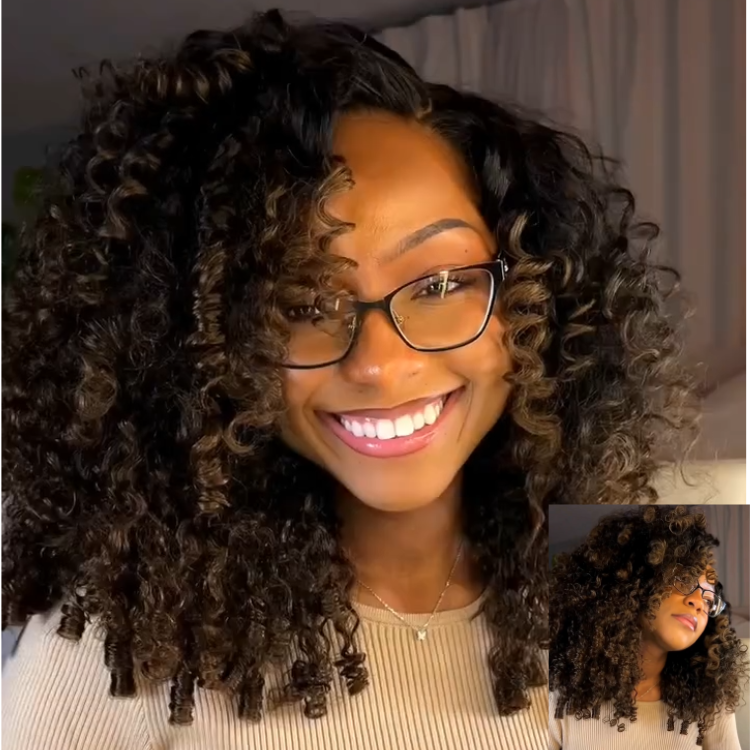 Pre-Plucked Bouncy Curls Lace Front Wig Natural Black Brown Mix Color Thick Voluminous Curly Raw Hair with Highlights Wig - Rafarada