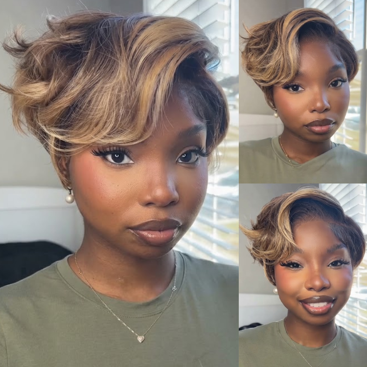 Highlights & Honey Brown Layered Pixie Cut Human Hair Wig with Side Swept Bangs | Soft Waves | Glueless Short Cap - Rafarada