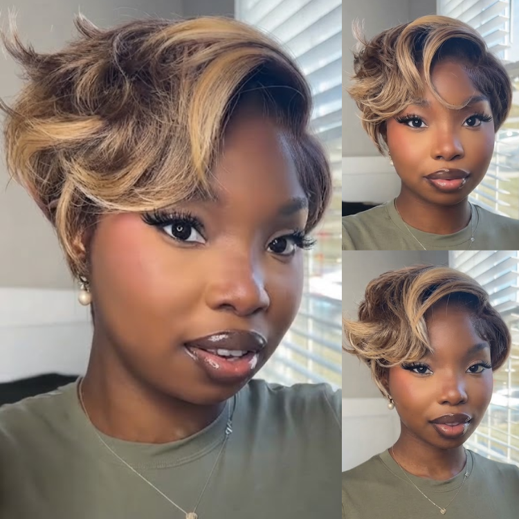 Highlights & Honey Brown Layered Pixie Cut Human Hair Wig with Side Swept Bangs | Soft Waves | Glueless Short Cap - Rafarada