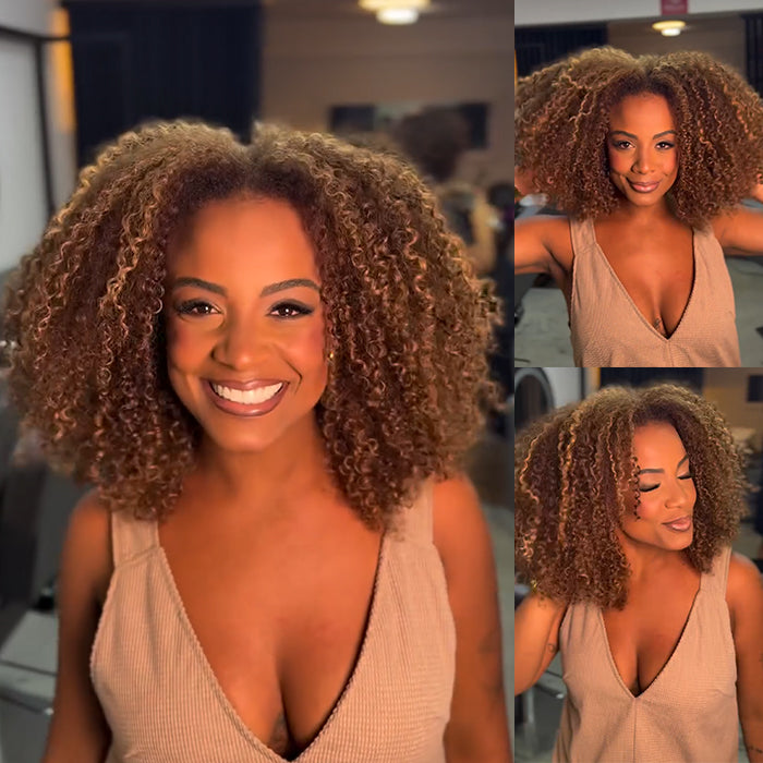 #4/27 Mixed Honey Blonde Highlights Jerry Curly Human Hair Wigs Lace Front Wig High Density Bouncy Kinky Curly Wig - Rafarada