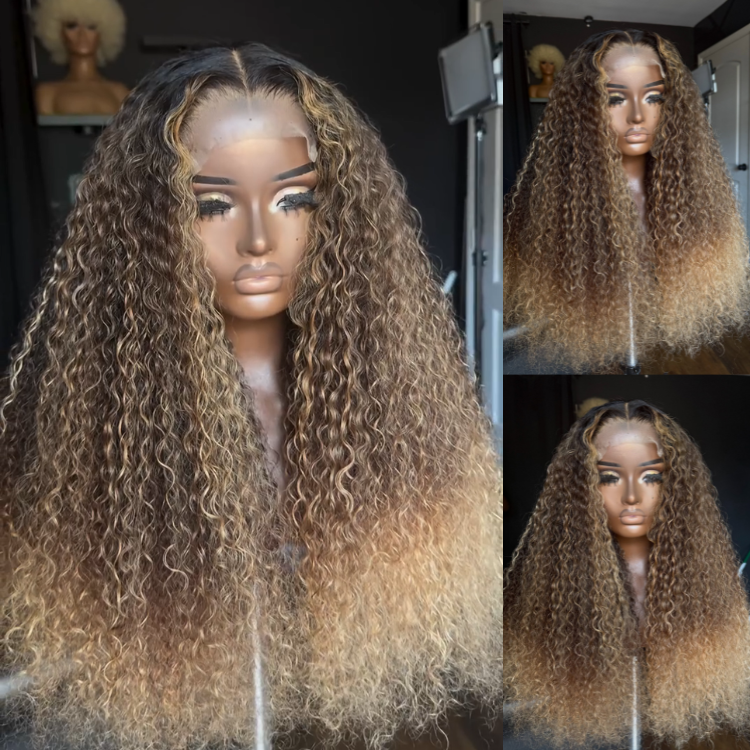 Honey Ash Blonde Ombre Kinky Curly Wig - Voluminous Deep Wave Textured 13x4 HD Lace Frontal - 100% Human Hair- Rafarada