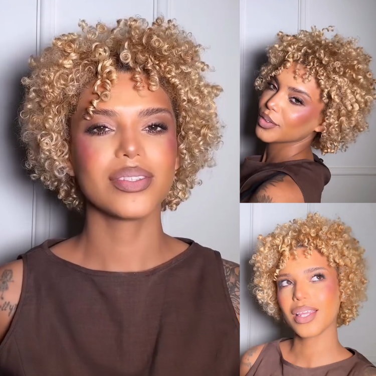 Honey Blonde Afro Kinky Curly Bob Wig with Bangs 100% Human Hair Short Glueless Tight Curl Wig for Women- Rafarada