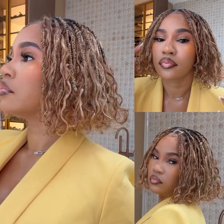 Honey Blonde Boho Braided Bob Wig - Hand-Knotted Short Curly Braided Lace Front Wig - Rafarada