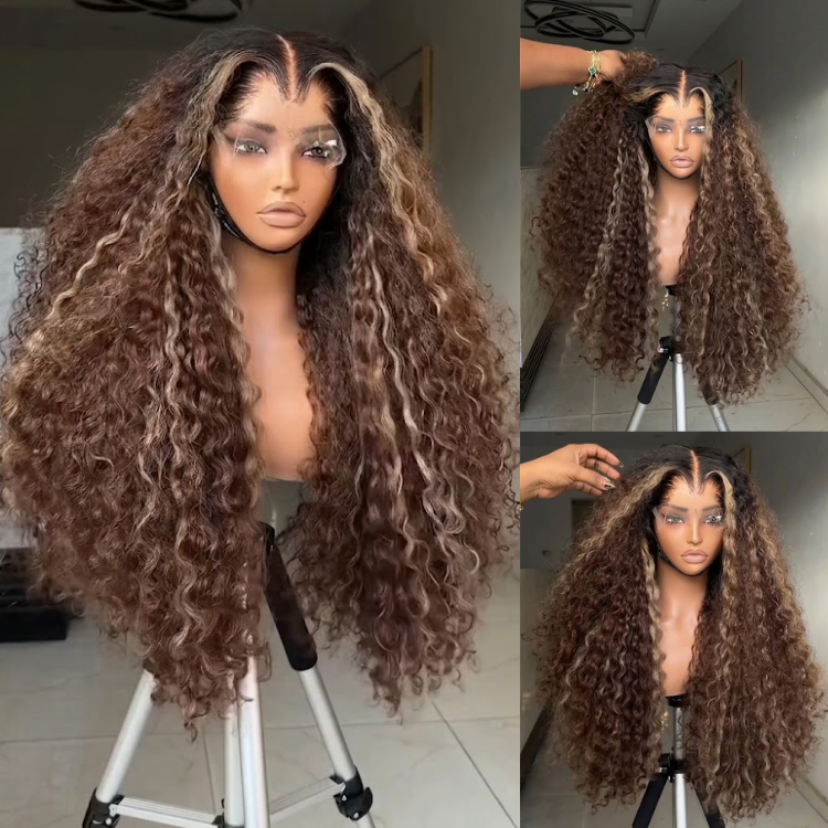 Honey Blonde Highlight Brown Kinky Curly Lace Front Wig - Glueless Long Voluminous Deep Wave Human Hair Wig- Rafarada