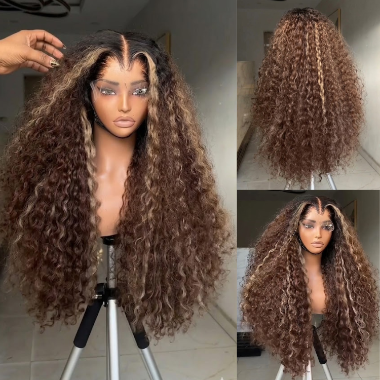 Honey Blonde Highlight Brown Kinky Curly Lace Front Wig - Glueless Long Voluminous Deep Wave Human Hair Wig- Rafarada