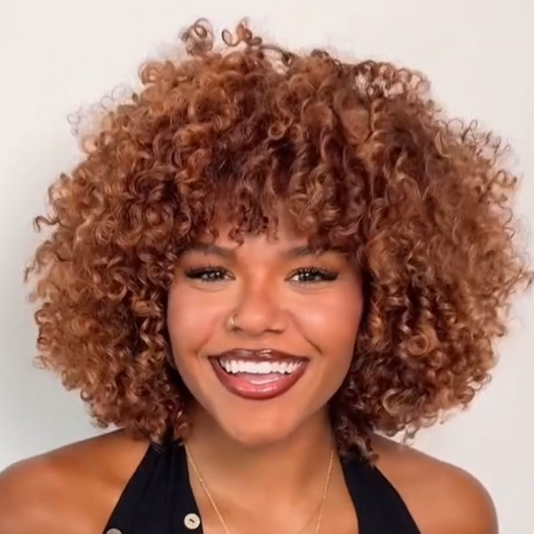 Honey Blonde Highlight Kinky Curly Bob Wig With Bangs | Voluminous Spring Coils Human Hair Wig- Rafarada