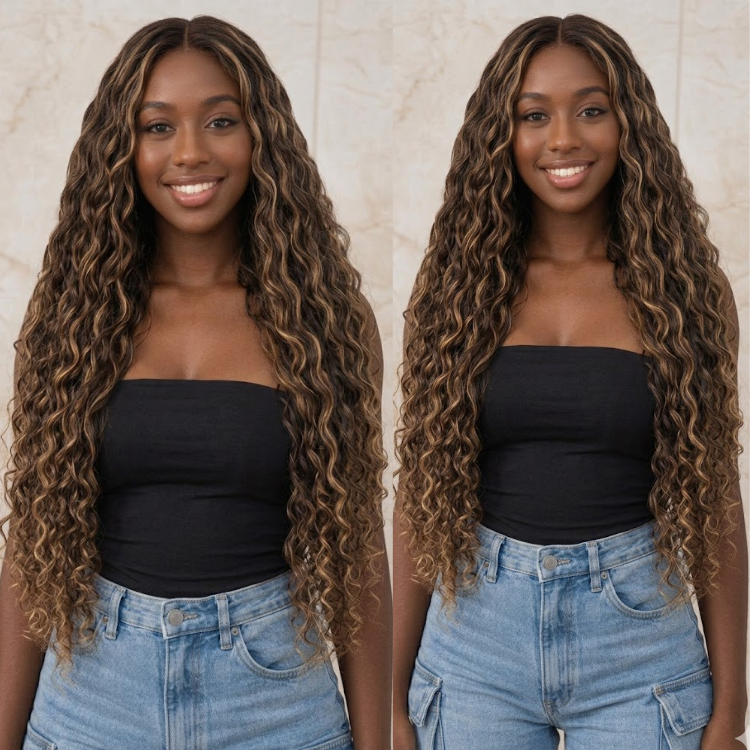 Honey Blonde Highlight Deep Wave Human Hair Bundles P4/27 Caramel Brown Ombre Water Wave Brazilian Hair Weave Extensions for Women - Rafarada