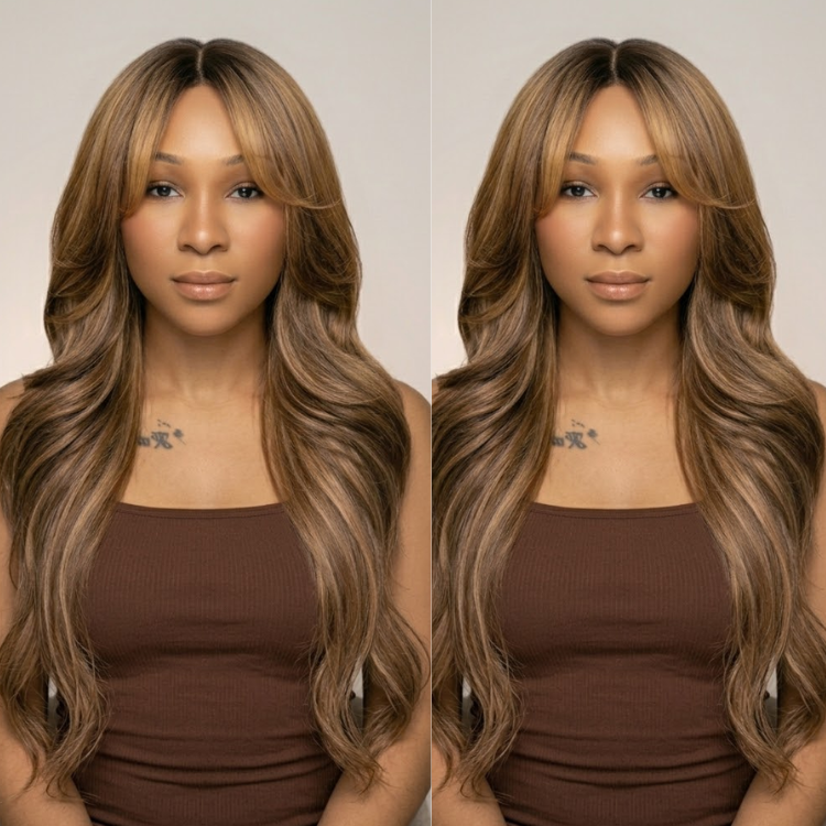 Glueless Human Hair Wig with Curtain Bangs - Long Layered Body Wave Honey Blonde Highlighted Balayage Wigs for Women- Rafarada