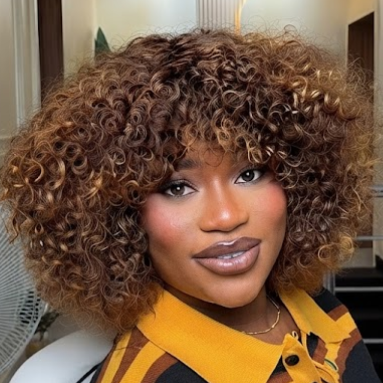 Honey Blonde Highlighted Kinky Curly Bob Wig with Bangs - Voluminous Spring Coils Human Hair Wig- Rafarada