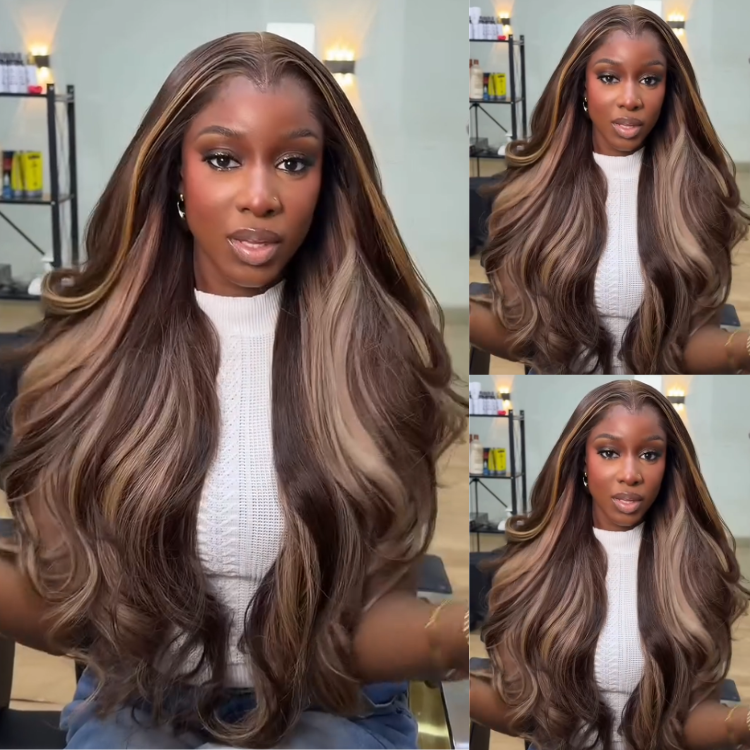 Radiant Face-Framing Honey Blonde Highlights Body Wave Wig - Glossy Dark Brown with Caramel Streaks and Glamorous Blowout Volume- Rafarada